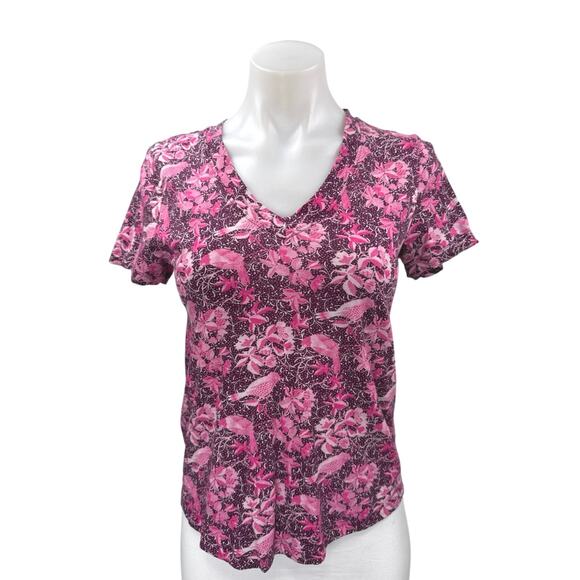 Ann Taylor LOFT Pink Floral V Neck Stretch Short Sleeve T Shirt Tee Top Size XS - Picture 1 of 4